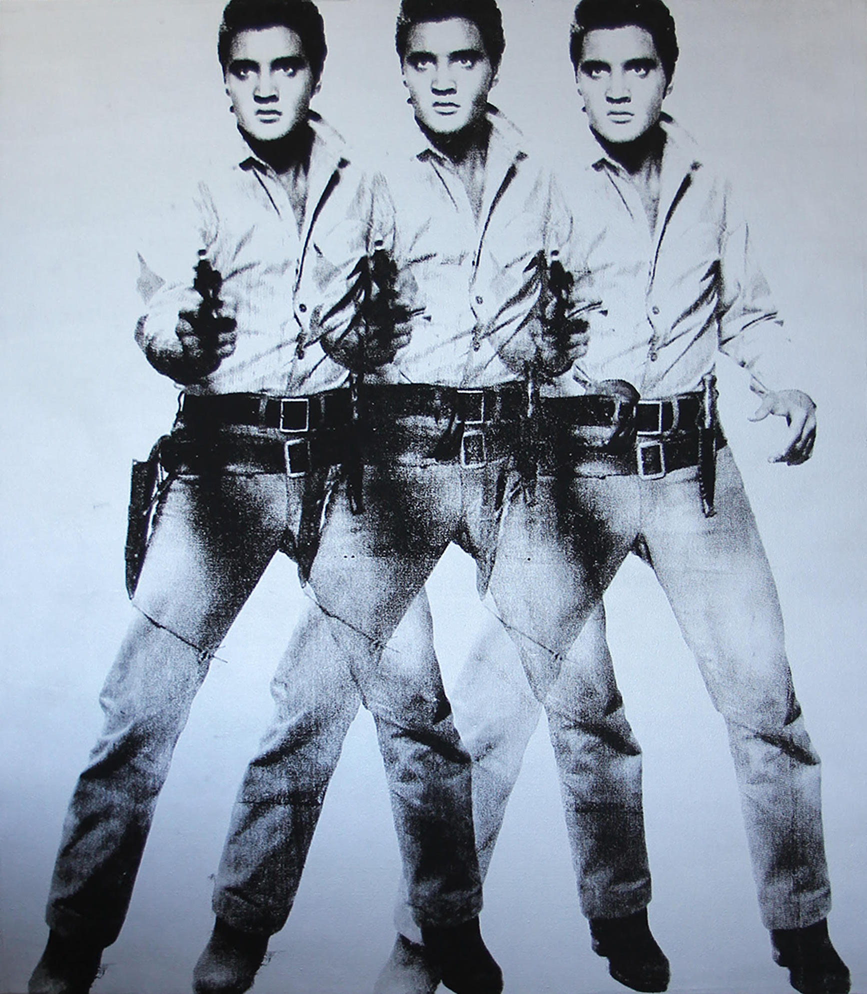Three overlapping images of Elvis screen printed on canvas