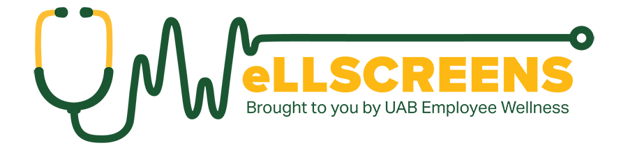 Wellscreens logo shows the word Wellscreens with a stethoscope cord shaping the W, underneath are the words brought to you by UAB Employee Wellness