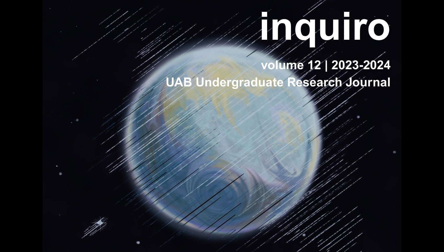 Inquiro Vol. 12 - illustration of an earth-like world in black space, a few stars and white streaks crossing the image.