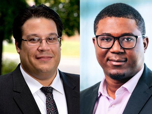 A headshot of a man with short, dark hair wearing a dark suit, tie and glasses and a man with short black hair and glasses wearing a business suit