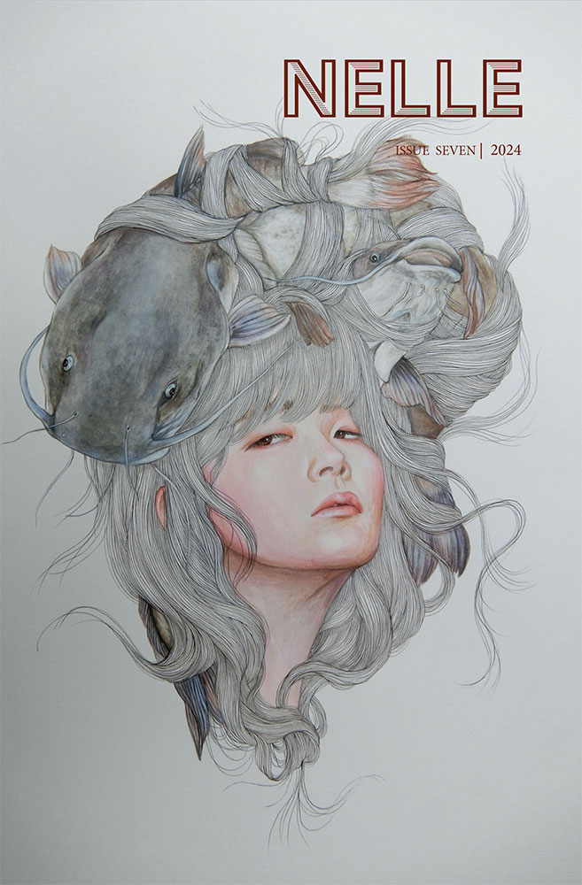 Illustration of a girl with abundant white hair with a trout trapped in the strands. 