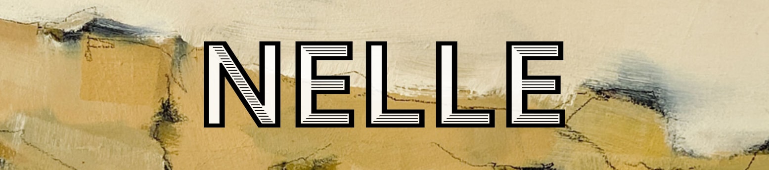 NELLE logo on painted background, mostly hues of yellow, cream, and black. 