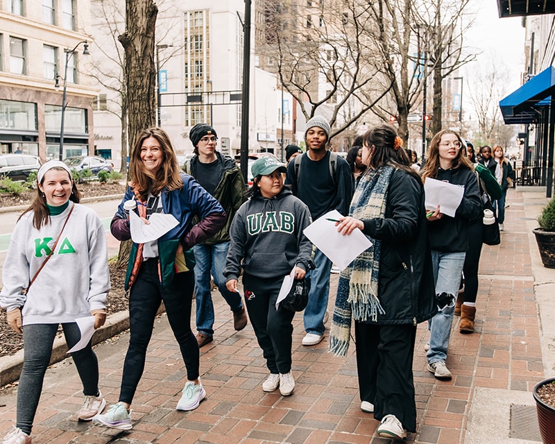 Department students walking in downtown Birmingham. 