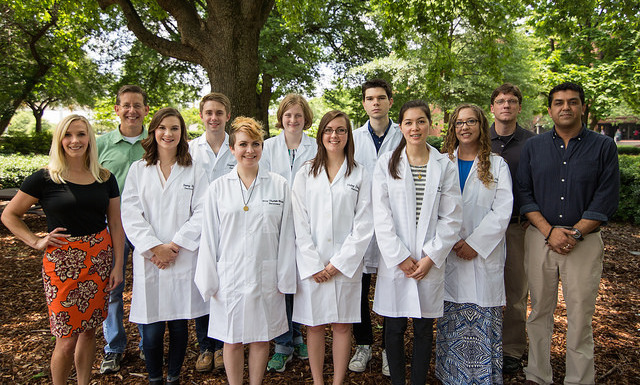 Honors Neuroscience Summer Research Academy students and UNP directors, from left to right: Dr. Cristin Gavin, Dr. Scott Wilson, Remy Meir, Cooper Bailey, Mary-Elizabeth Winslett, Stacey Niver, Haley Edwards, Ben Boros, Courtney Walker, Danielle Hurst, Dr. David Knight, and Dr. Rajesh Kana