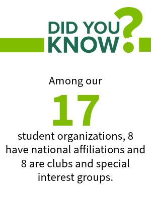 Did you know? Among our 17 student organizations, 8 have national affiliations and 8 are clubs and special interest groups.