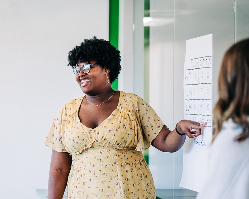 Black woman in a yellow print dress smiles as she presents information at a white board. 