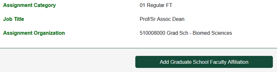 Screenshot of the Add Graduate School Faculty Affiliation button.