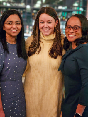 Latoya Hicks, DO, poses (far right) with a medical student (center) and Clerkship Director Sameera Davuluri, MD (far left).