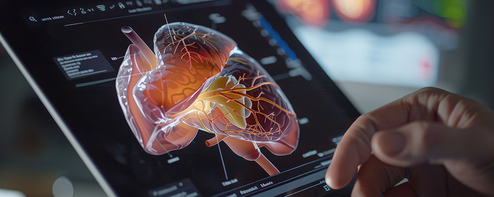 Virtual display shows liver snapshot, doctor analyzing data_adobe stock #815131304