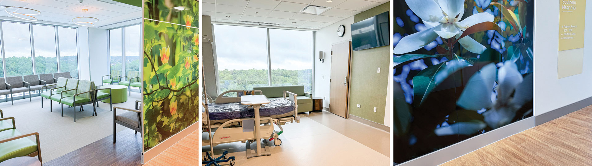 Three images of interior rooms at the new Med Center West. The rooms are bright, with walls of windows and expansive views of green hills. 