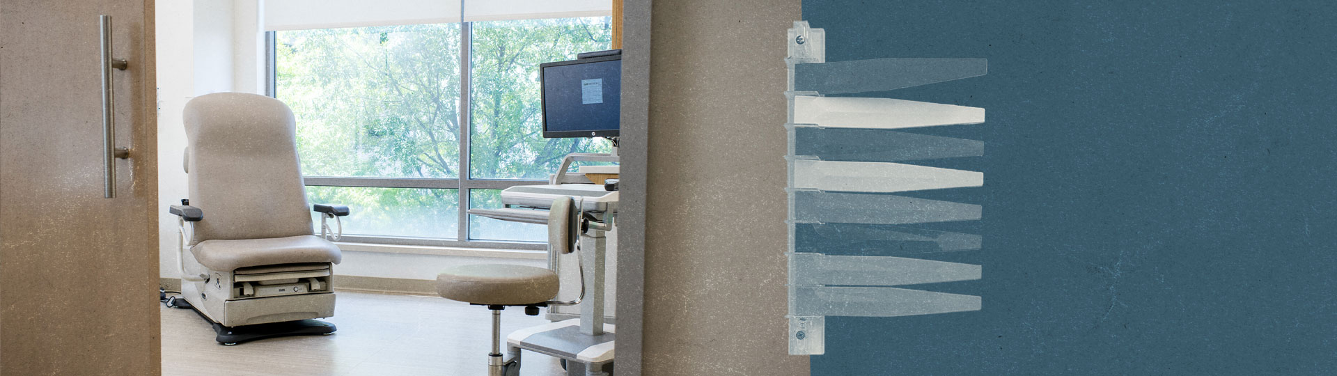 A collage scene showing a typical clinic room in the STEP clinic, and a traditional room flag system. 