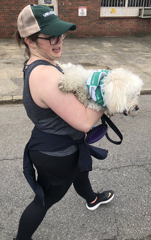General surgery resident Dr. Samantha Baker and her dog Nelson showed up in their favorite UAB Surgery merch to represent the department at the O'Neal Comprehensive Cancer Center's annual Lace Up for a Cure 5K Walk on Saturday, March 9, 2019. (Photo courtesy of Alicia Waters)
