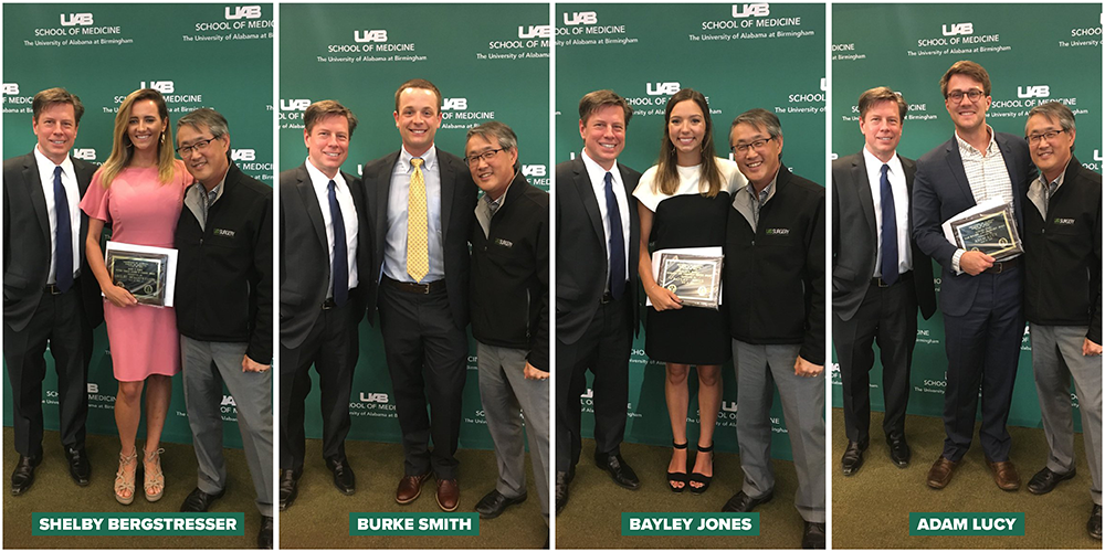 UAB medical students Shelby Bergstresser, Burke Smith, Bayley Jones and Adam Lucy each receive a Department of Surgery award at the 2019 School of Medicine Birmingham Campus Awards reception at the UAB National Alumni Society House on May 17, (Photos courtesy of @herbchen on Twitter)