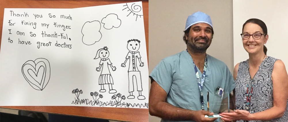Plastic surgery resident Dr. Shreyas Makwana receives the Friend of the Emergency Department Award from Children's of Alabama's Emergency Medicine team on June 5, 2019. (Photo courtesy of Marjorie White) 