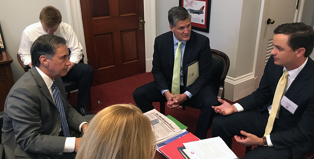 Second-year medical student Zach Burns (far right) and Dr. Rob Headrick from CHI Memorial Hospital in Chattanooga, Tennessee (far left), discuss policy with Congressman Gary Palmer (center) from Alabama's sixth district at the June 11 STS Legislative Fly-in.