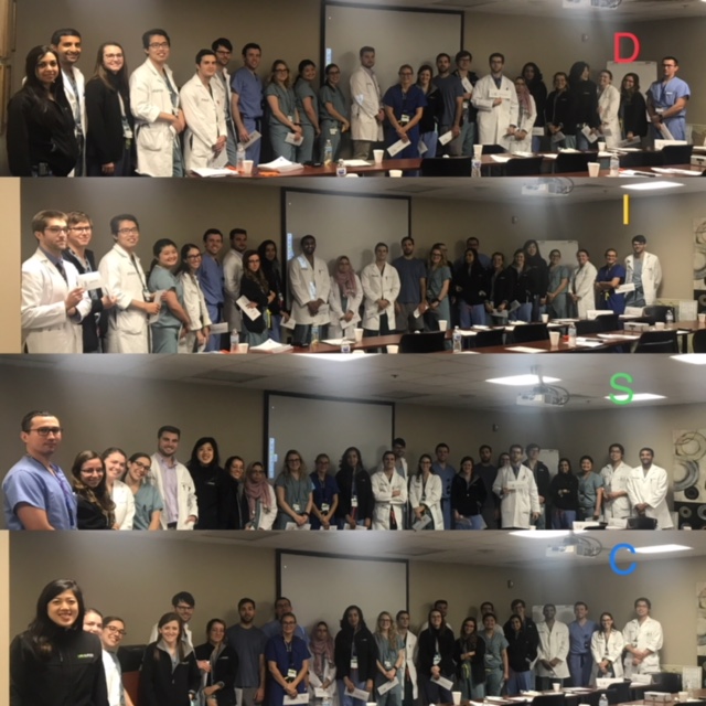 UAB Department of Surgery interns and general surgery residents organize themselves according to their DiSC assessment results at their weekly conference with Dr. Herbert Chen last Friday morning.