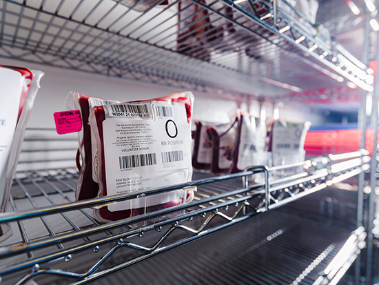 A small collection of  blood bags, illustrating critically low levels of blood supply from blood donations, are on a set of chrome wire shelves, October 2021.