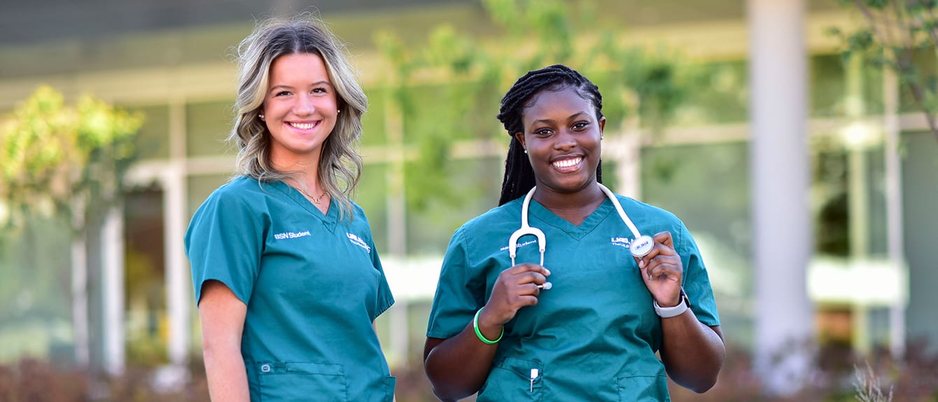 Collage banner of three nursing students engaging in their field of study.