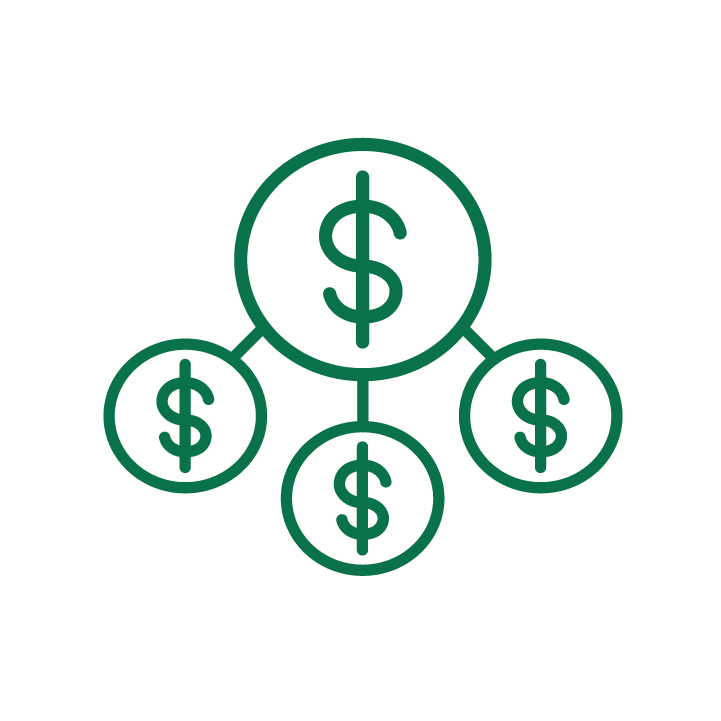 Icon of four interconnected circles with money symbols.