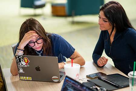 two female students studying in sterne library