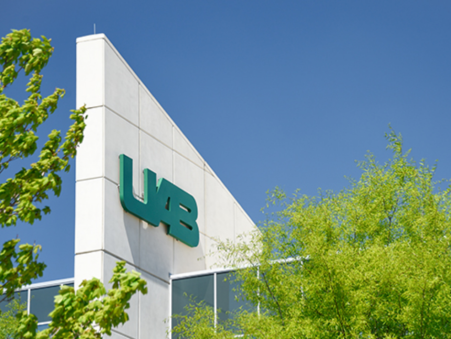 The UAB logo on the top of the Hill Student Center is seen in closeup