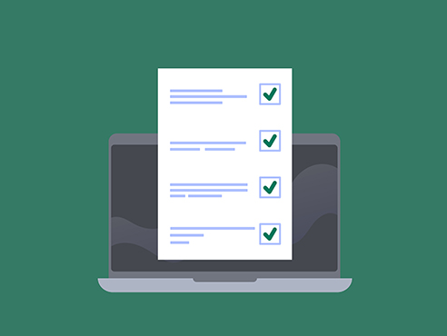 A four-item checklist sits on top of a laptop in this illustration