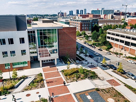 Aerial view of the East Science Hall with the Birmingham skyline in the background