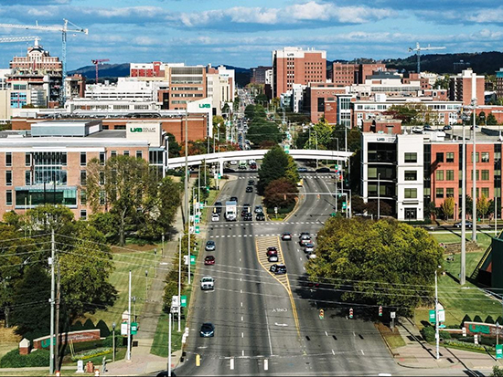 Aerial view of UAB's campus looking down University Boulevard