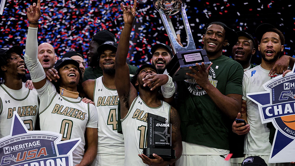BIRMINGHAM, AL - NOVEMBER 10: UAB Blazers hold up a sign after winning the  C-USA West Division after the game between the UAB Blazers and the Southern  Miss Golden Eagles at Legion