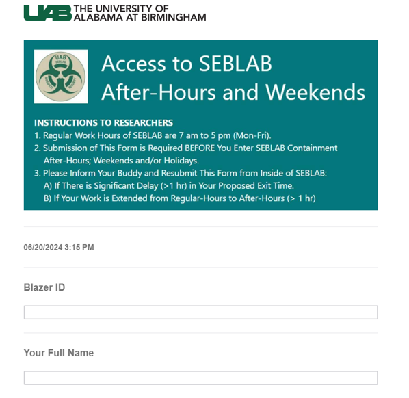Access to SEBLAB during After-Hours and Weekends