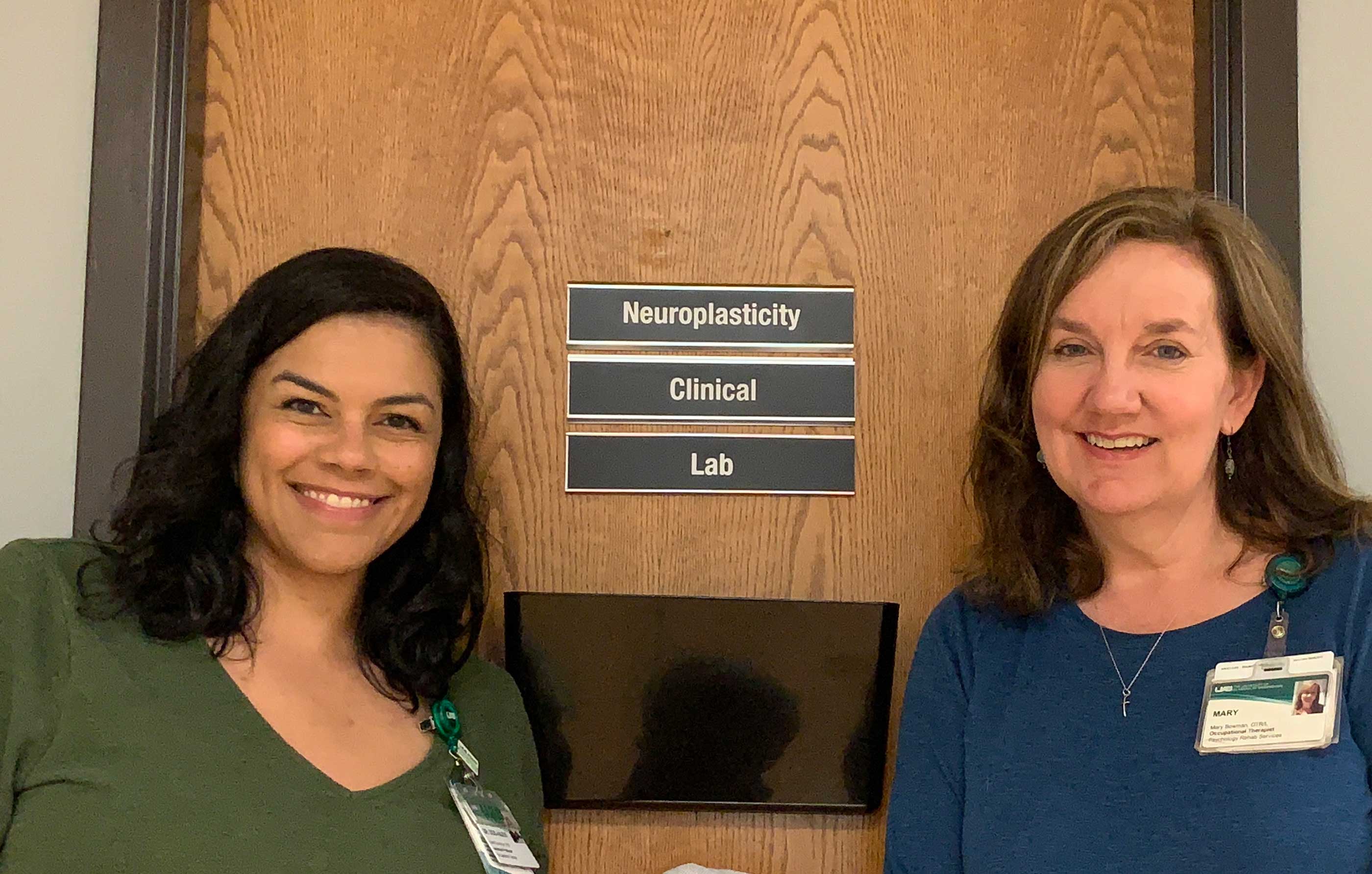 Dr. dos Anjos and Ms. Bowman outside the Neuroplasticity Clinical Lab they plan to expand into a clinical practice for individuals with stroke.