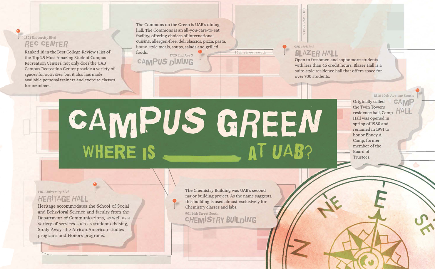 A map of the UAB campus green and surrounding areas. (Illustration by Jessica Middleton)