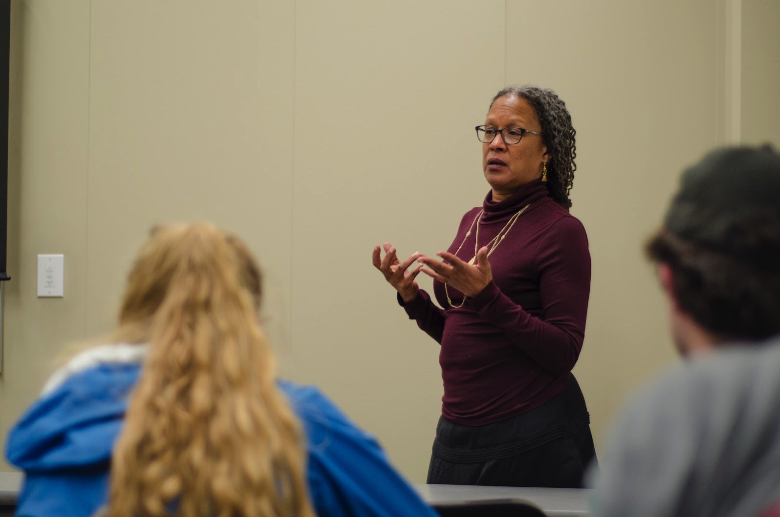 Lecia Brooks answers student questions following her presentation on modern-day hate crimes. Photo by Ian Keel/Photo Editor