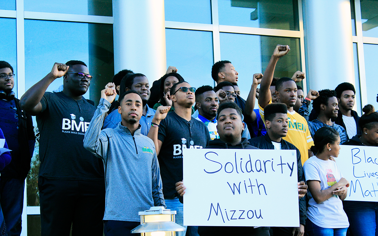 The Blazer Male Excellence Network held a silent demonstration in support of Concerned Student 1950 on November 13. (Photo by Casey Marley).