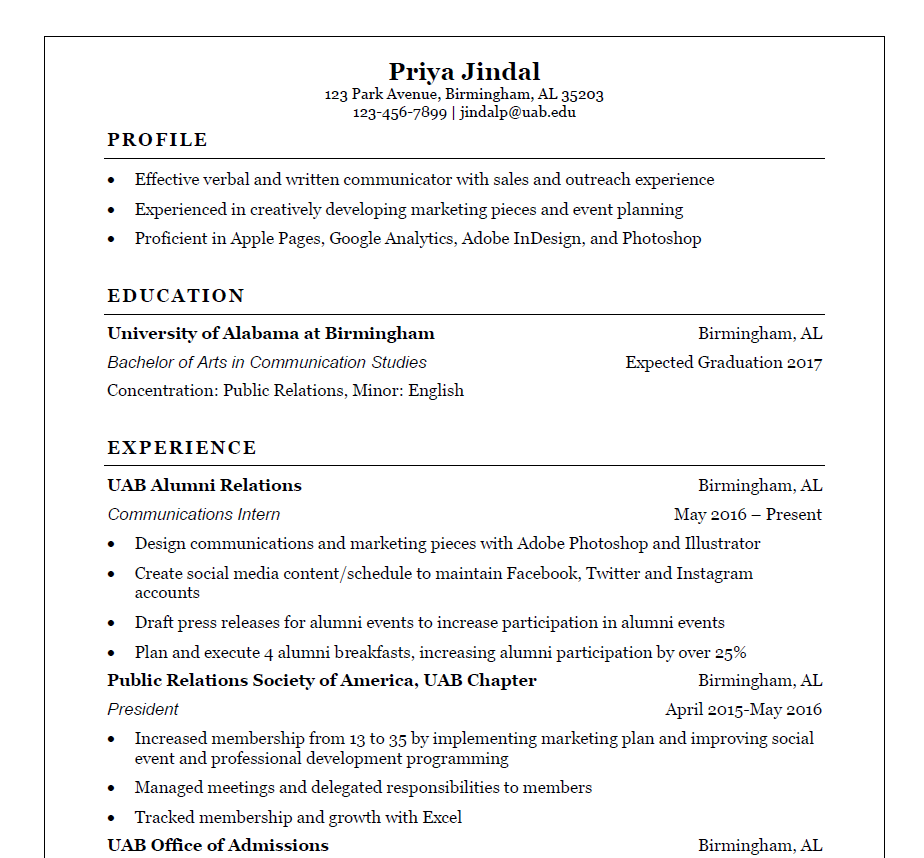 Sample Resumes - Students - Career Center | UAB