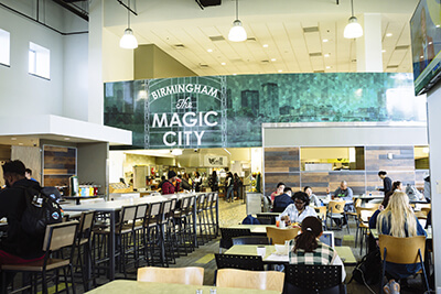dining commons with mural in background