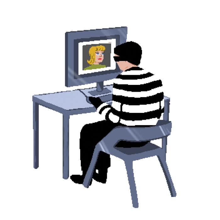 Illustration of cartoon criminal at computer with woman's face on screen