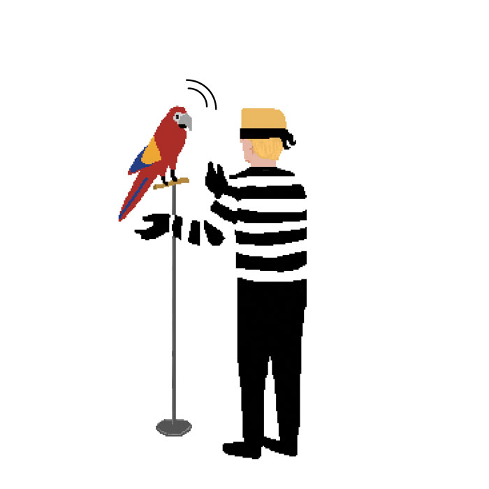 Illustration of cartoon criminal teaching parrot to speak
