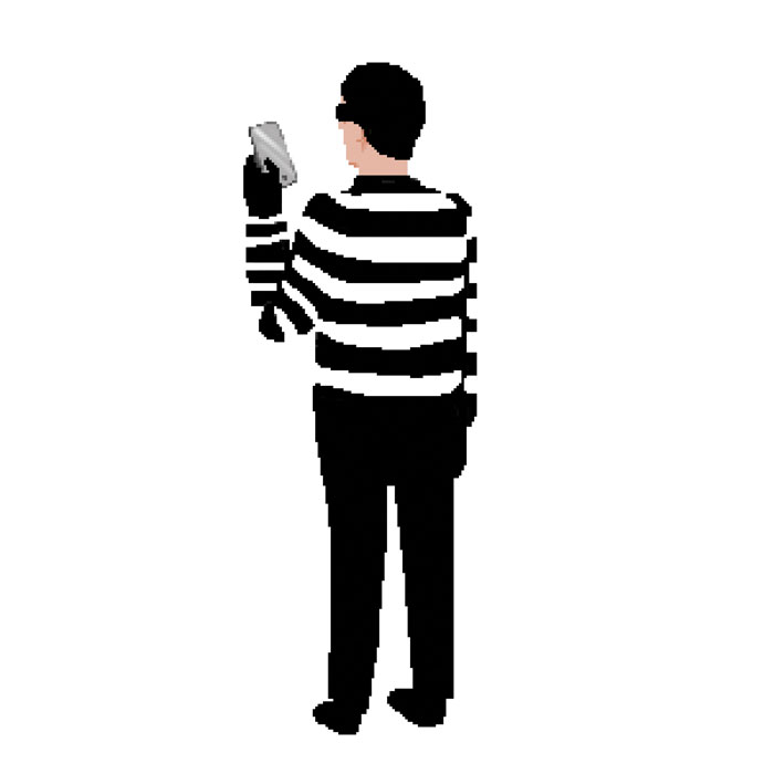 Illustration of cartoon criminal using smartphone