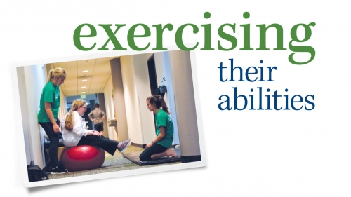 Photo of UAB students working with girl on exercise ball; headline: Exercising Their Abilities