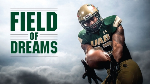 Photo of UAB Blazer Tevin Crews catching ball; title: Field of Dreams